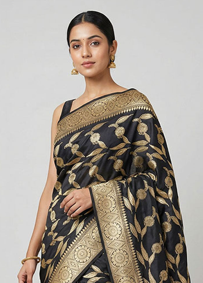 Black Handloom Katan Pure Silk Saree With Blouse Piece