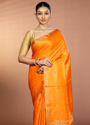 Orange Handloom Tussar Pure Silk Saree With Blouse Piece