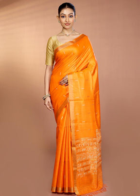Orange Handloom Tussar Pure Silk Saree With Blouse Piece