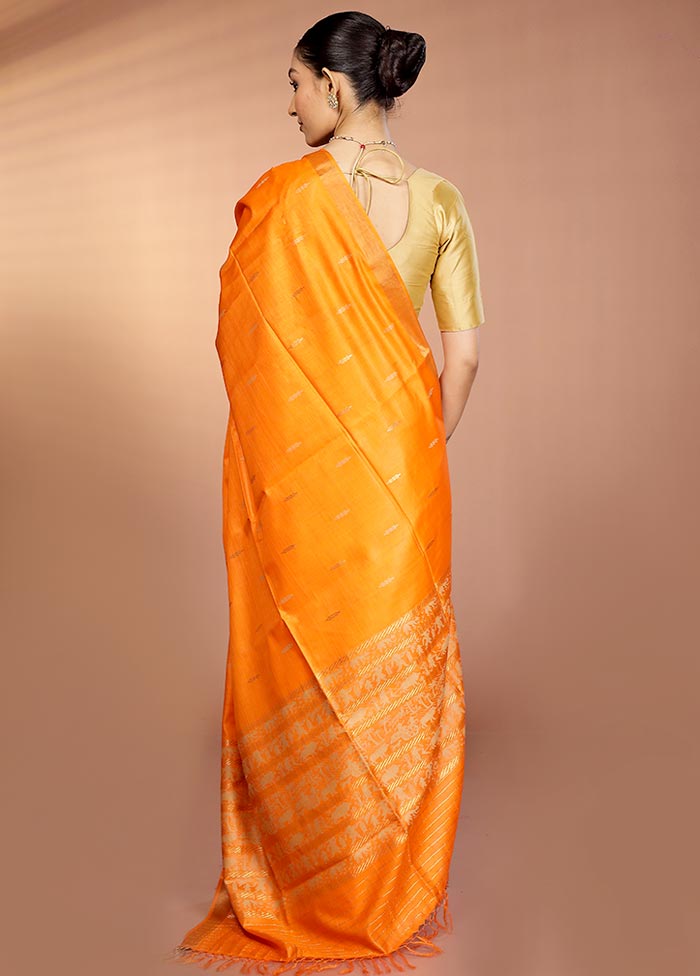 Orange Handloom Tussar Pure Silk Saree With Blouse Piece