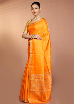 Orange Handloom Tussar Pure Silk Saree With Blouse Piece