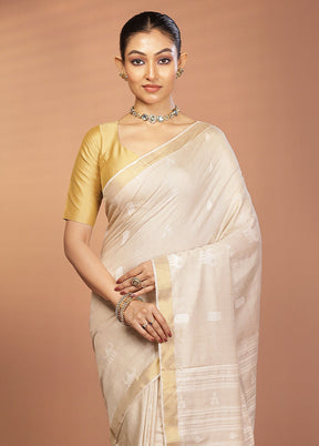 White Handloom Tussar Pure Silk Saree With Blouse Piece