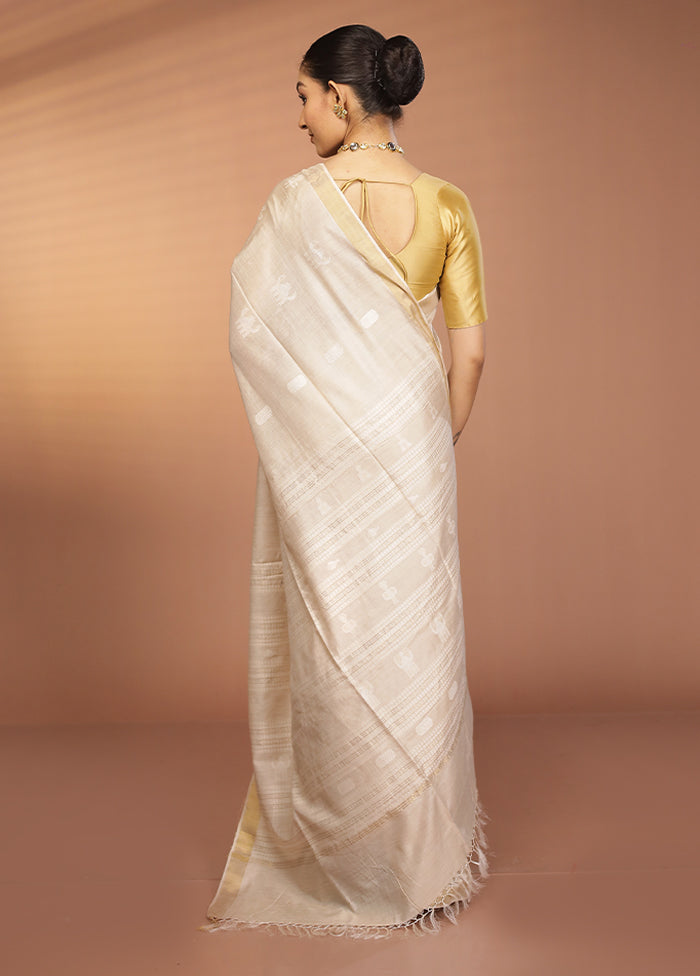 White Handloom Tussar Pure Silk Saree With Blouse Piece