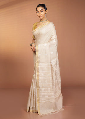White Handloom Tussar Pure Silk Saree With Blouse Piece