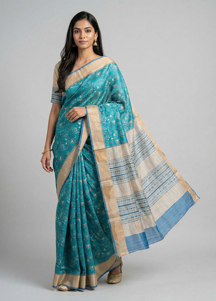 Blue Handloom Tussar Pure Silk Saree With Blouse Piece