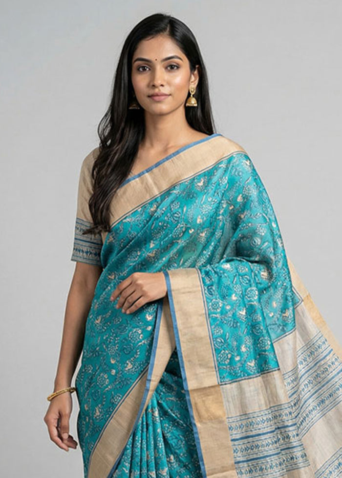 Blue Handloom Tussar Pure Silk Saree With Blouse Piece