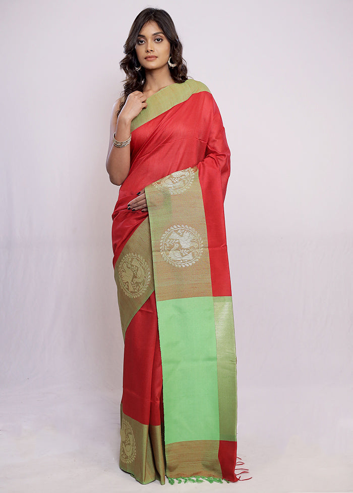 Red Tussar Silk Saree With Blouse Piece