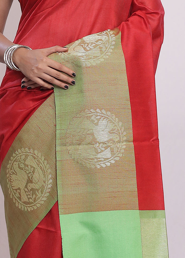 Red Tussar Silk Saree With Blouse Piece