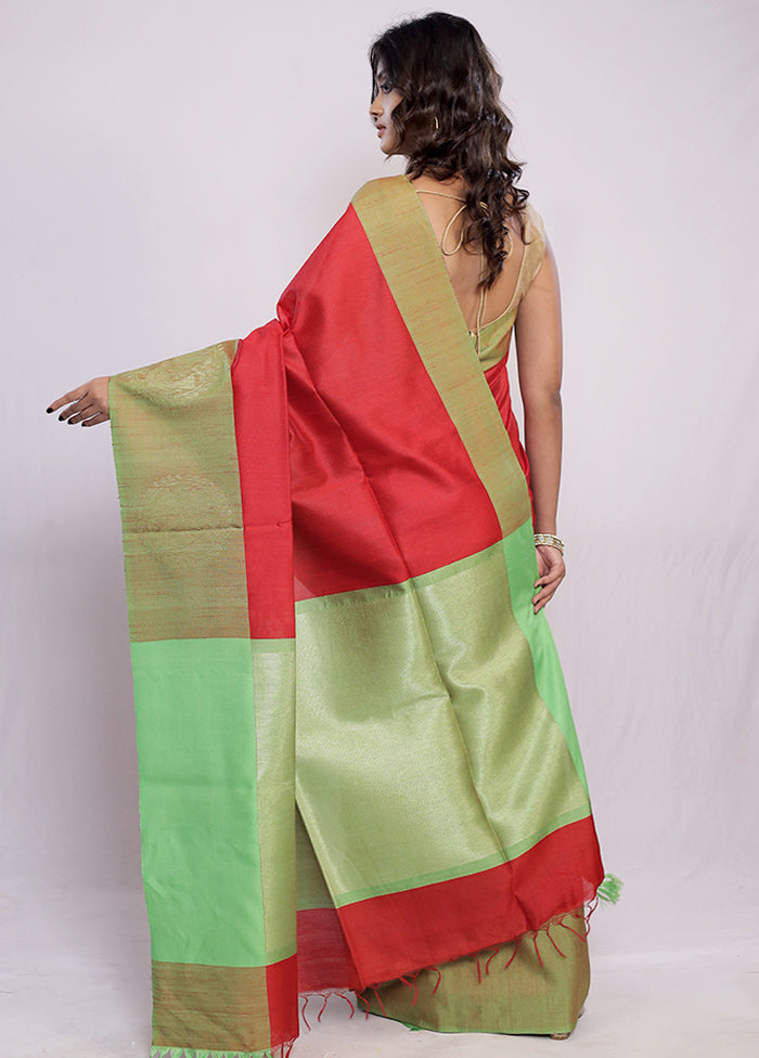 Red Tussar Silk Saree With Blouse Piece