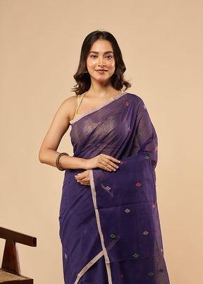 Blue Jamdani Cotton Saree Without Blouse Piece