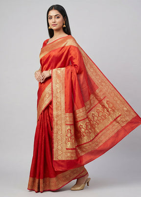 Red Handloom Banarasi Pure Silk Saree With Blouse Piece