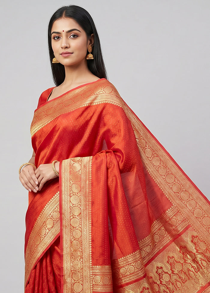Red Handloom Banarasi Pure Silk Saree With Blouse Piece