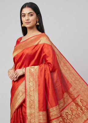 Red Handloom Banarasi Pure Silk Saree With Blouse Piece
