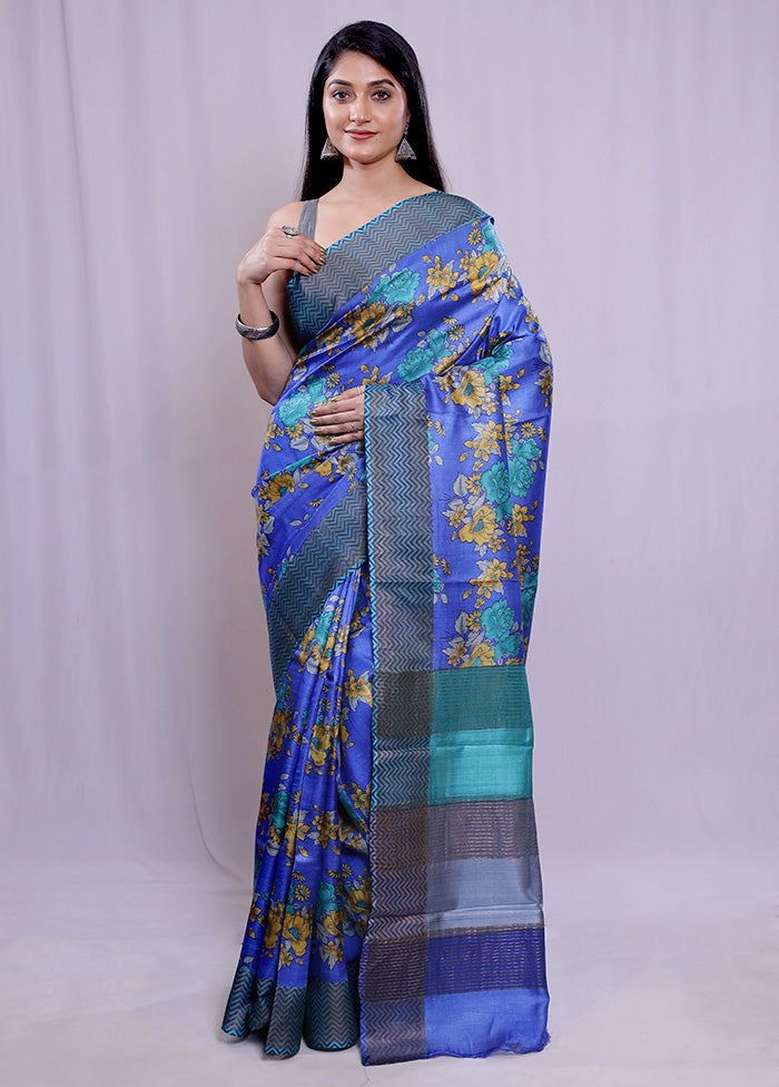 Blue Tussar Silk Saree With Blouse Piece