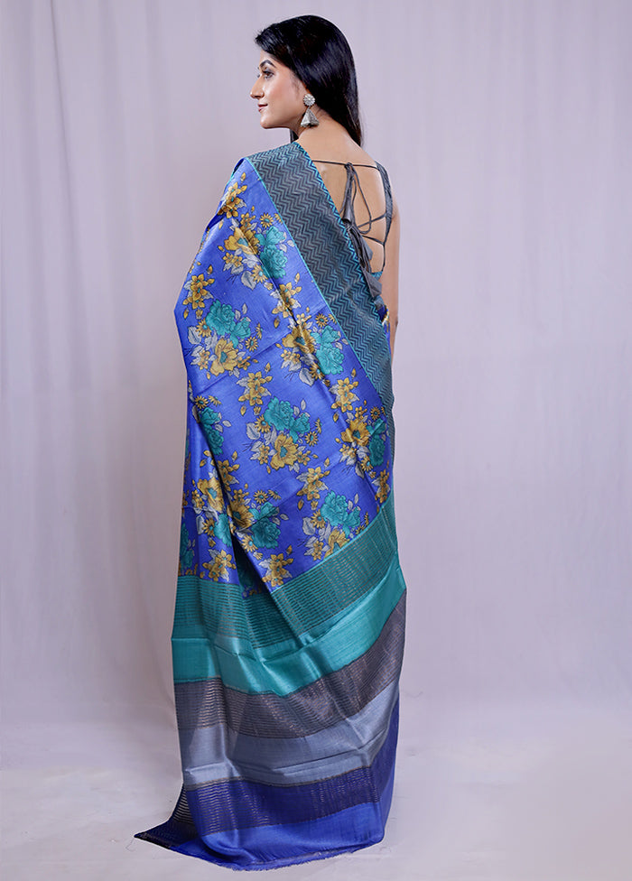 Blue Tussar Silk Saree With Blouse Piece