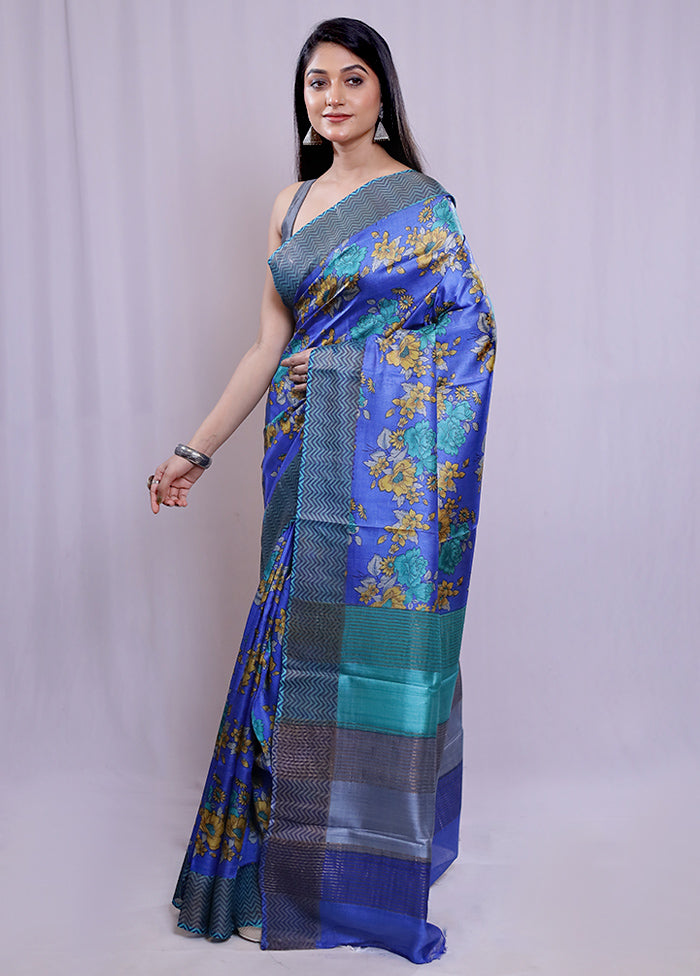 Blue Tussar Silk Saree With Blouse Piece