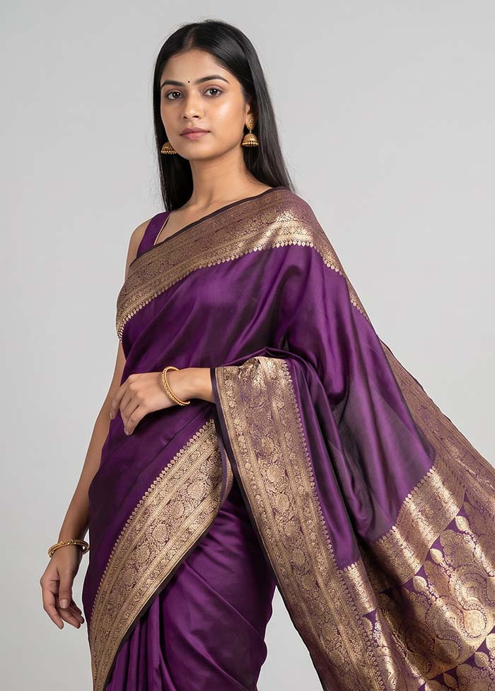 Purple Banarasi Silk Saree With Blouse Piece