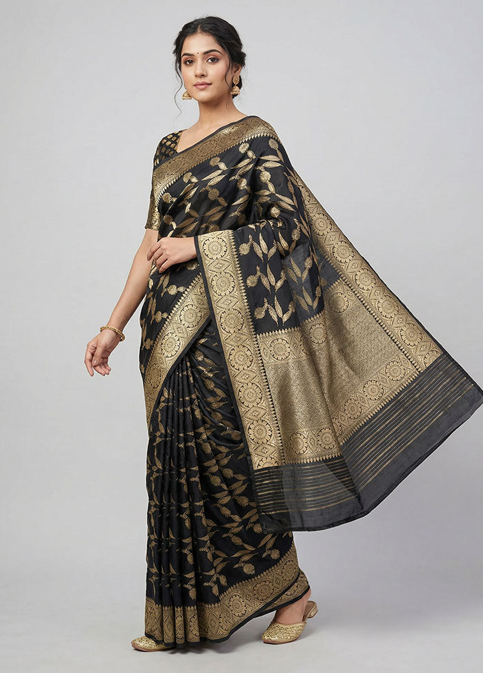 Black Handloom Katan Pure Silk Saree With Blouse Piece