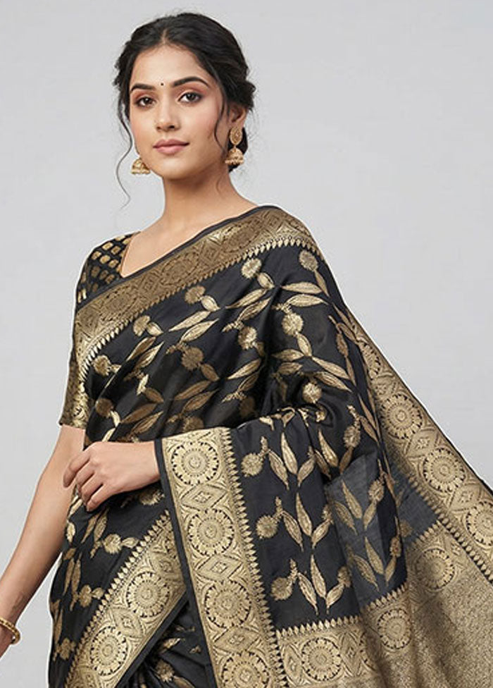 Black Handloom Katan Pure Silk Saree With Blouse Piece