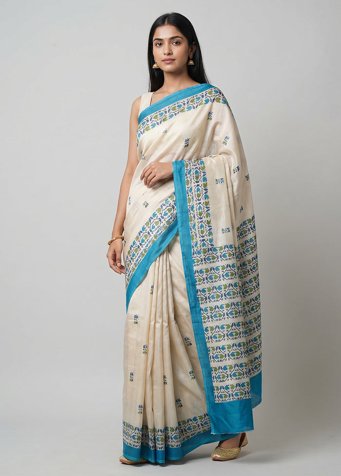 White Handloom Tussar Pure Silk Saree With Blouse Piece