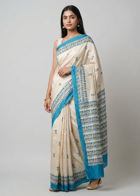 White Handloom Tussar Pure Silk Saree With Blouse Piece