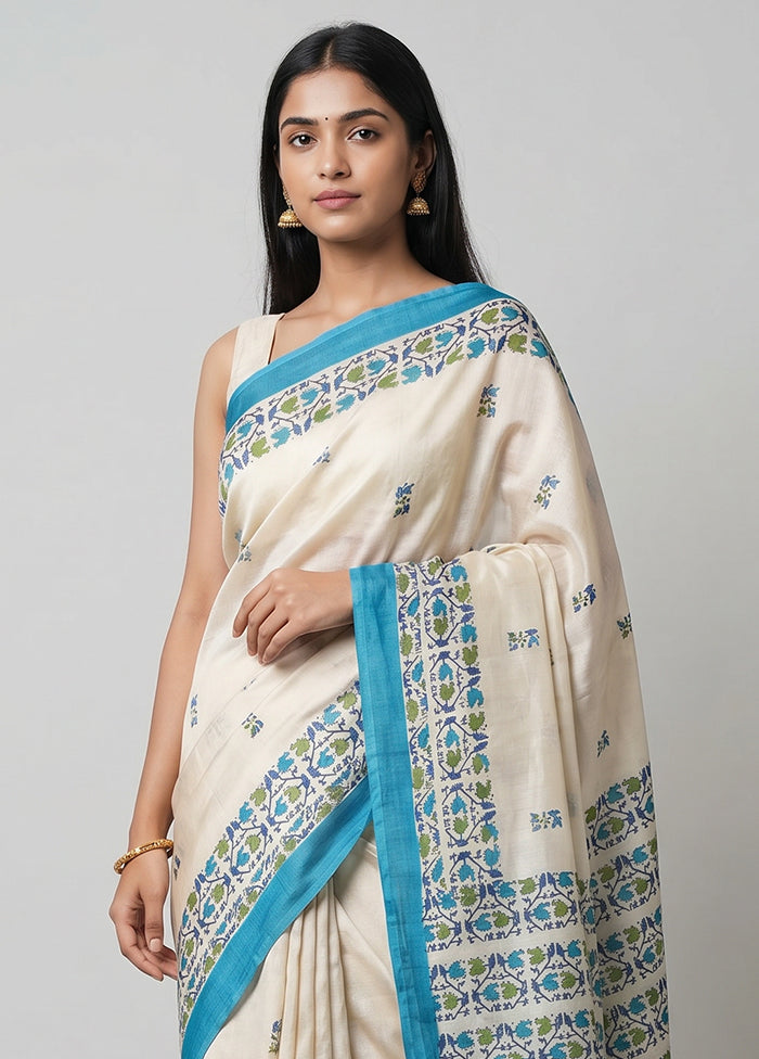 White Handloom Tussar Pure Silk Saree With Blouse Piece