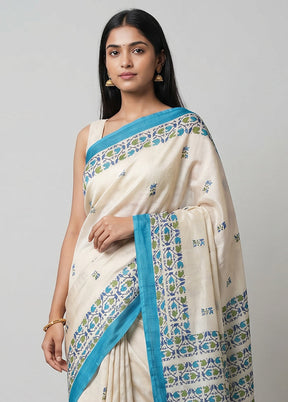 White Handloom Tussar Pure Silk Saree With Blouse Piece