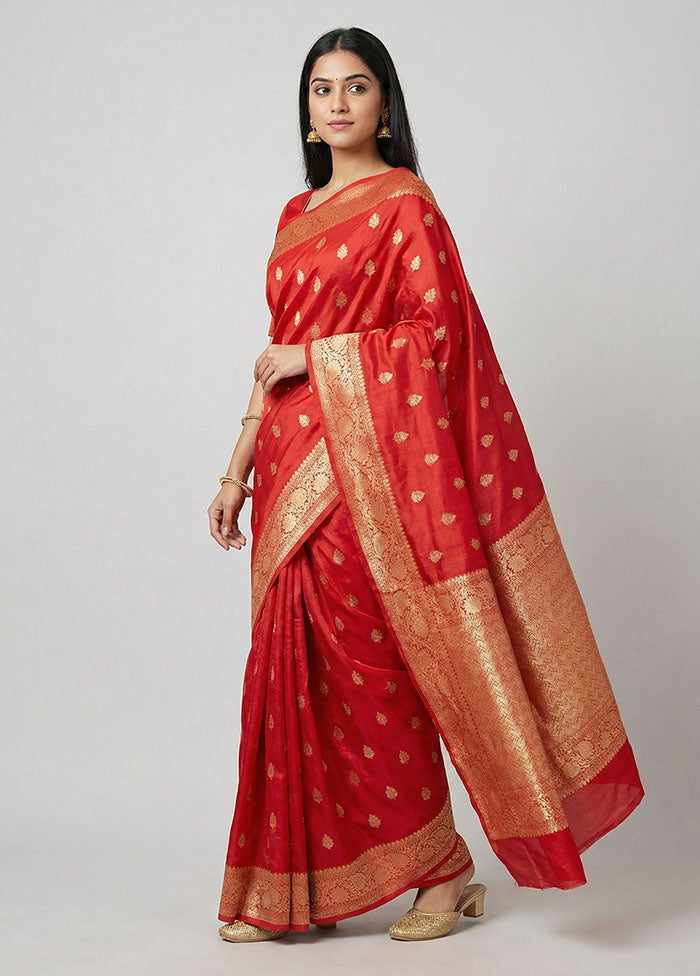 Red Handloom Katan Pure Silk Saree With Blouse Piece