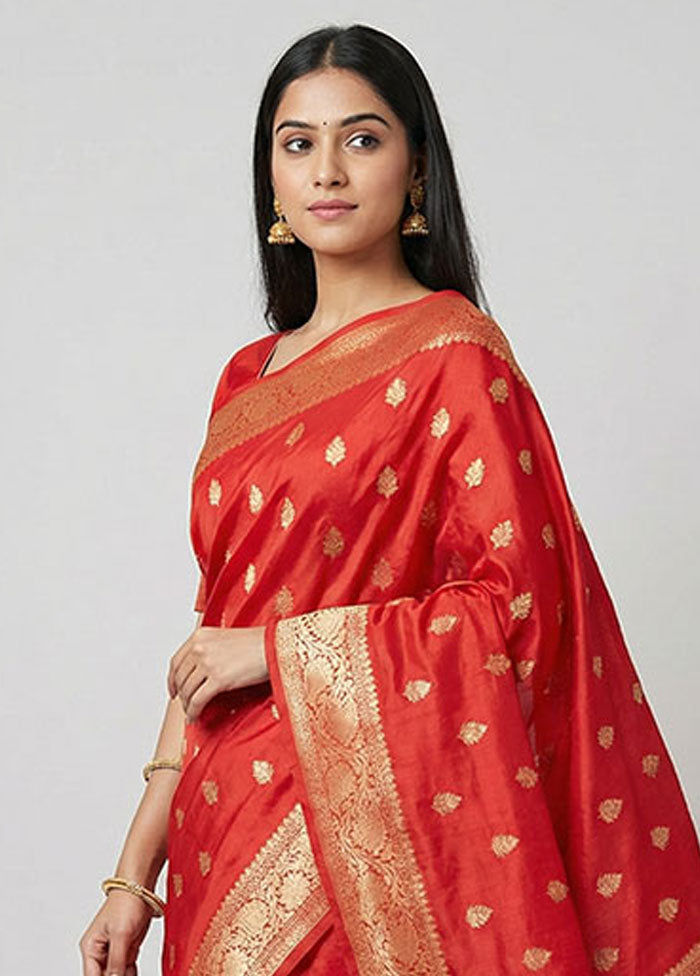 Red Handloom Katan Pure Silk Saree With Blouse Piece