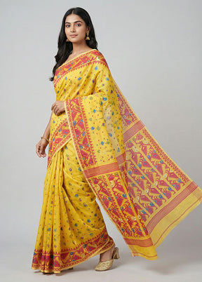 Yellow Jamdani Cotton Saree Without Blouse Piece