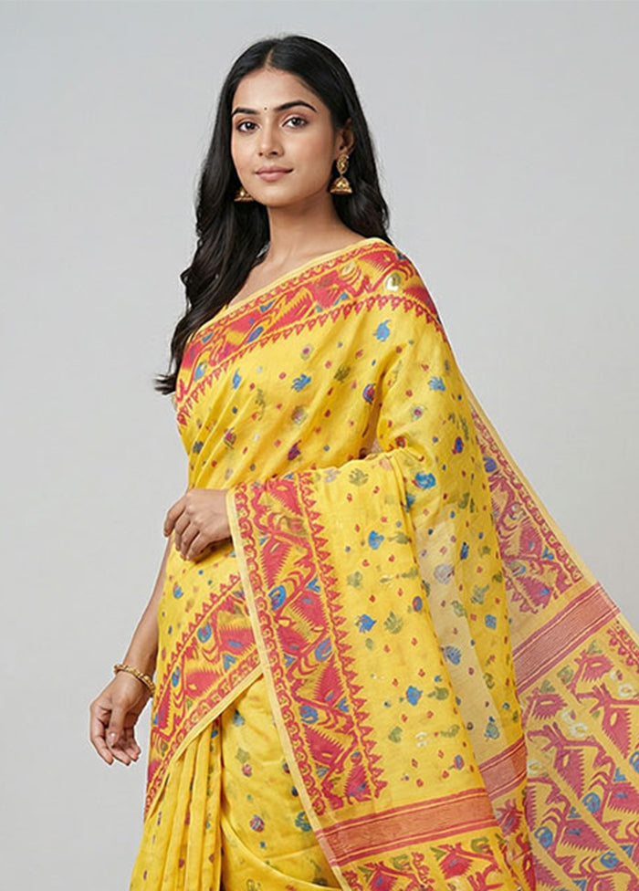Yellow Jamdani Cotton Saree Without Blouse Piece