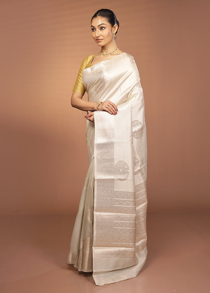 Cream Handloom Dupion Pure Silk Saree With Blouse Piece
