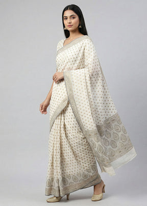 White Handloom Dupion Silk Saree With Blouse Piece