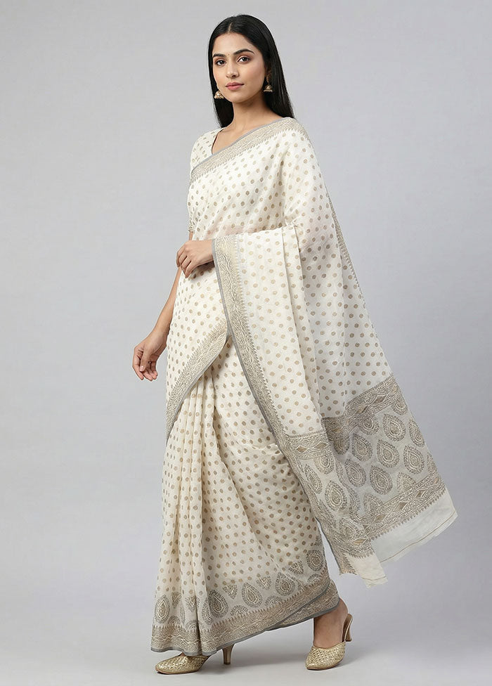 White Handloom Dupion Silk Saree With Blouse Piece
