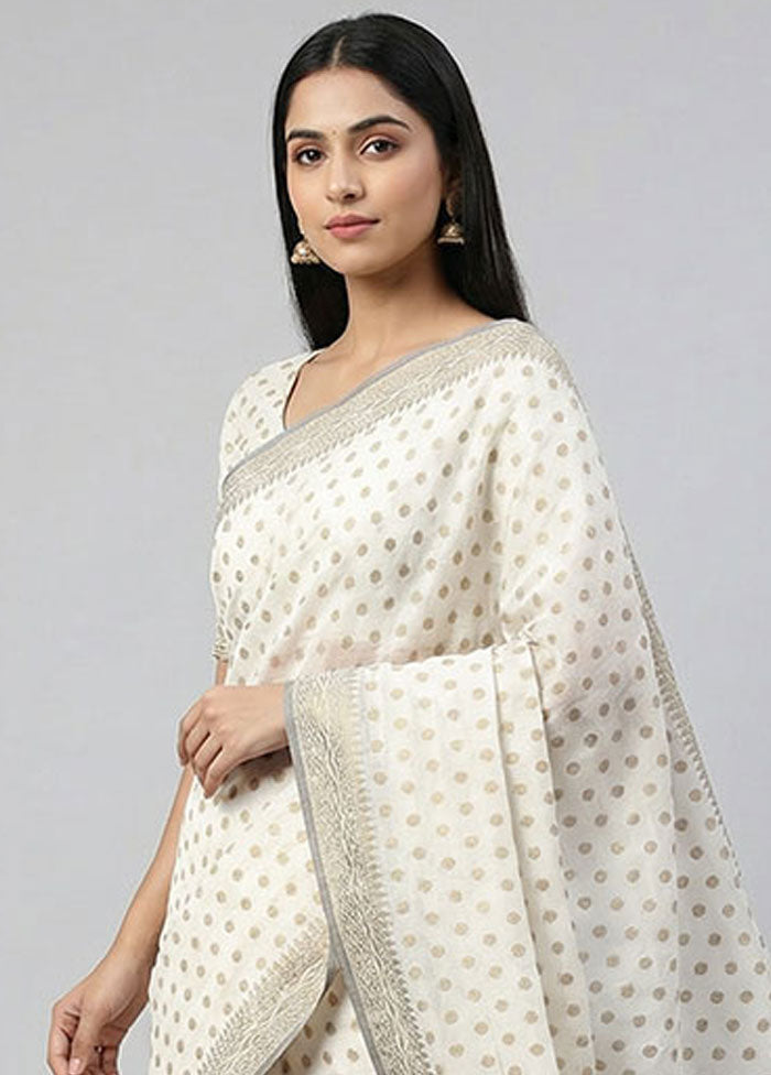 White Handloom Dupion Silk Saree With Blouse Piece