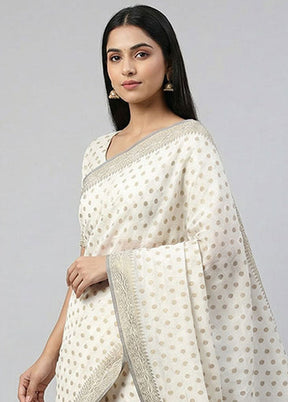 White Handloom Dupion Silk Saree With Blouse Piece