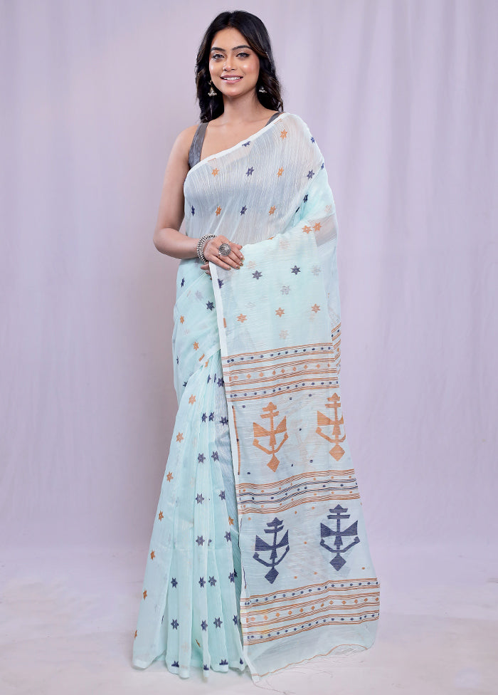 Blue Cotton Saree With Blouse Piece