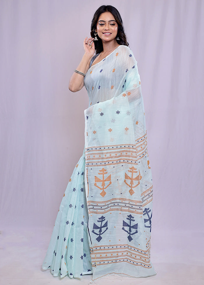 Blue Cotton Saree With Blouse Piece