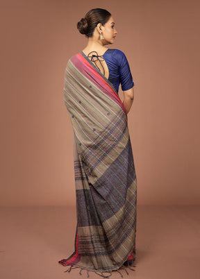 Cream Khadi Cotton Saree With Blouse Piece