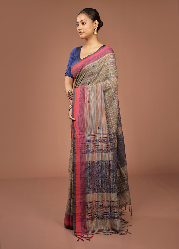 Cream Khadi Cotton Saree With Blouse Piece