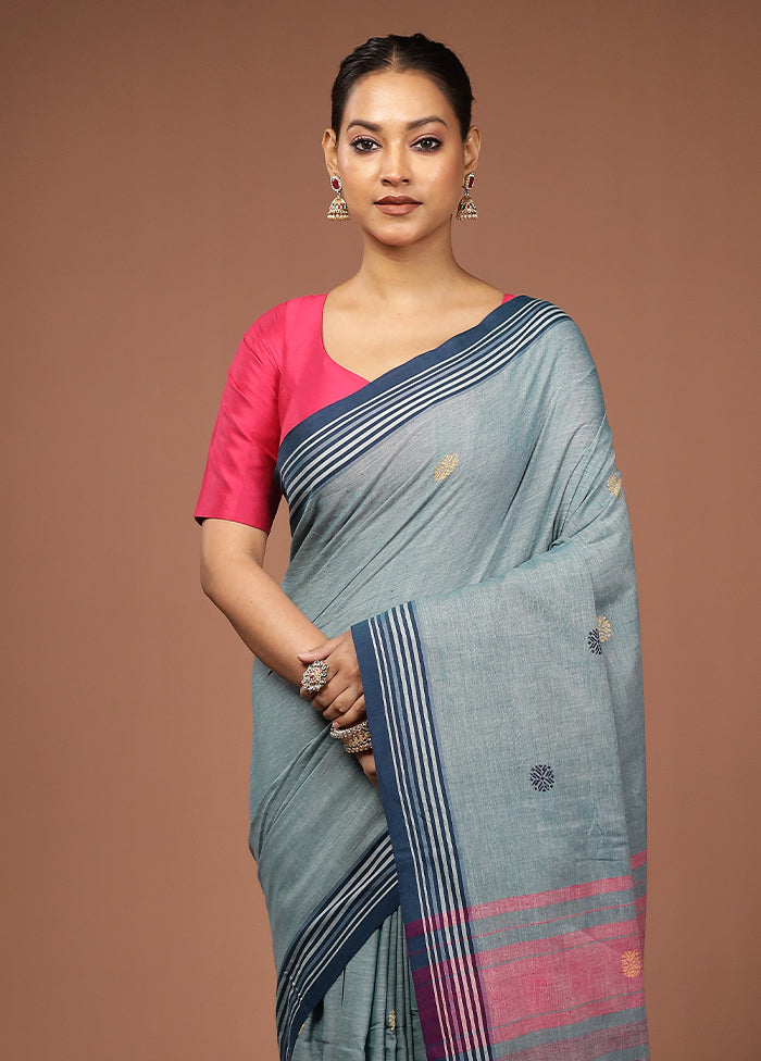 Blue Khadi Cotton Saree With Blouse Piece
