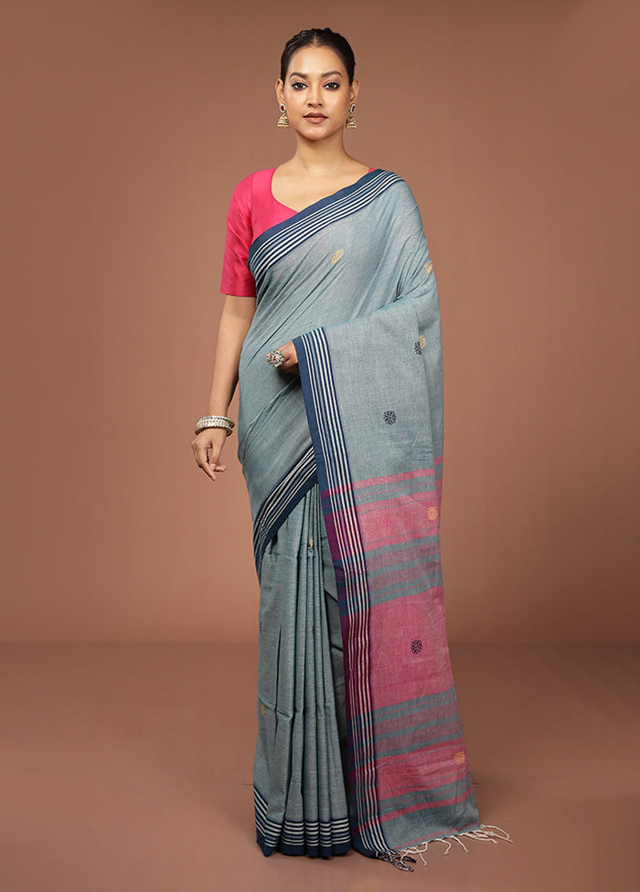 Blue Khadi Cotton Saree With Blouse Piece