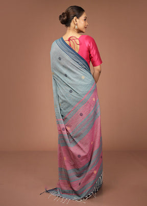 Blue Khadi Cotton Saree With Blouse Piece