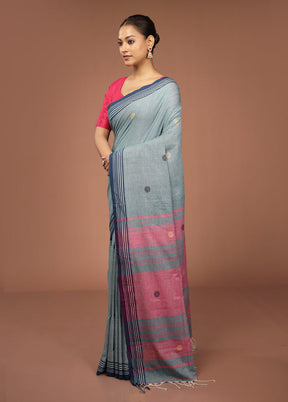 Blue Khadi Cotton Saree With Blouse Piece