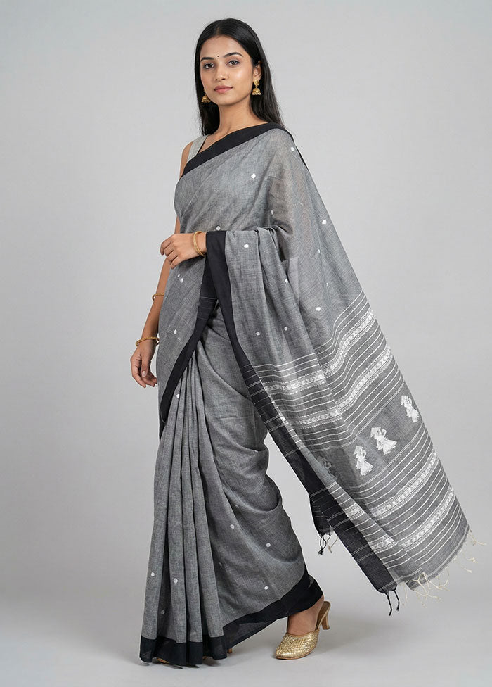 Black Khadi Cotton Saree With Blouse Piece