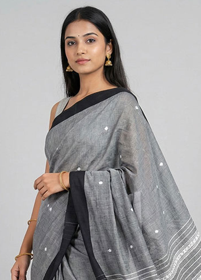 Black Khadi Cotton Saree With Blouse Piece