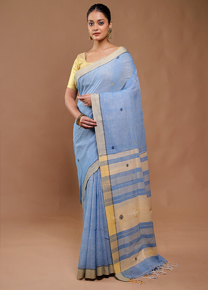 Blue Pure Cotton Saree With Blouse Piece