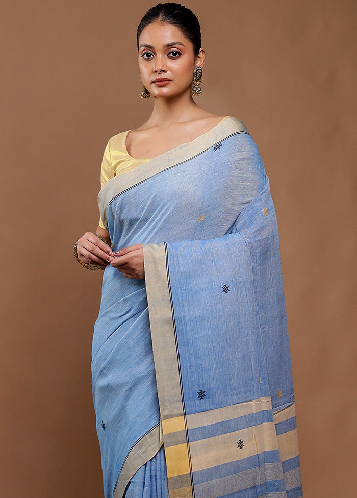 Blue Pure Cotton Saree With Blouse Piece