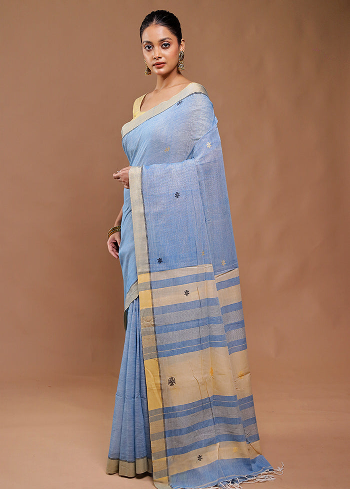 Blue Pure Cotton Saree With Blouse Piece