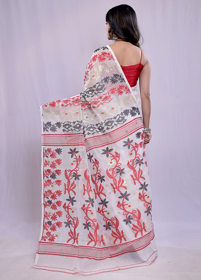 White Tant Jamdani Saree Without Blouse Piece